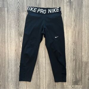 Nike Women's Pro Mesh-Paneled Leggings Logo Waistband Tight Fit Crop Dri-FIT L